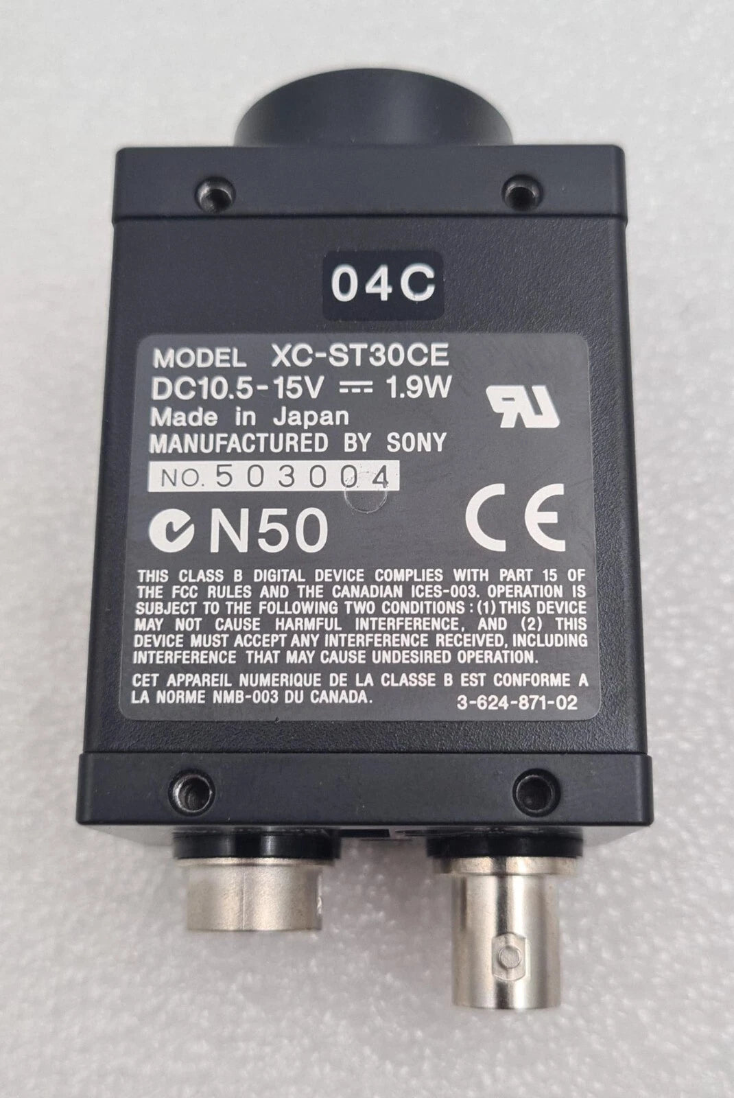 Sony XC-ST30CE industrial camera rear label and compliance markings
