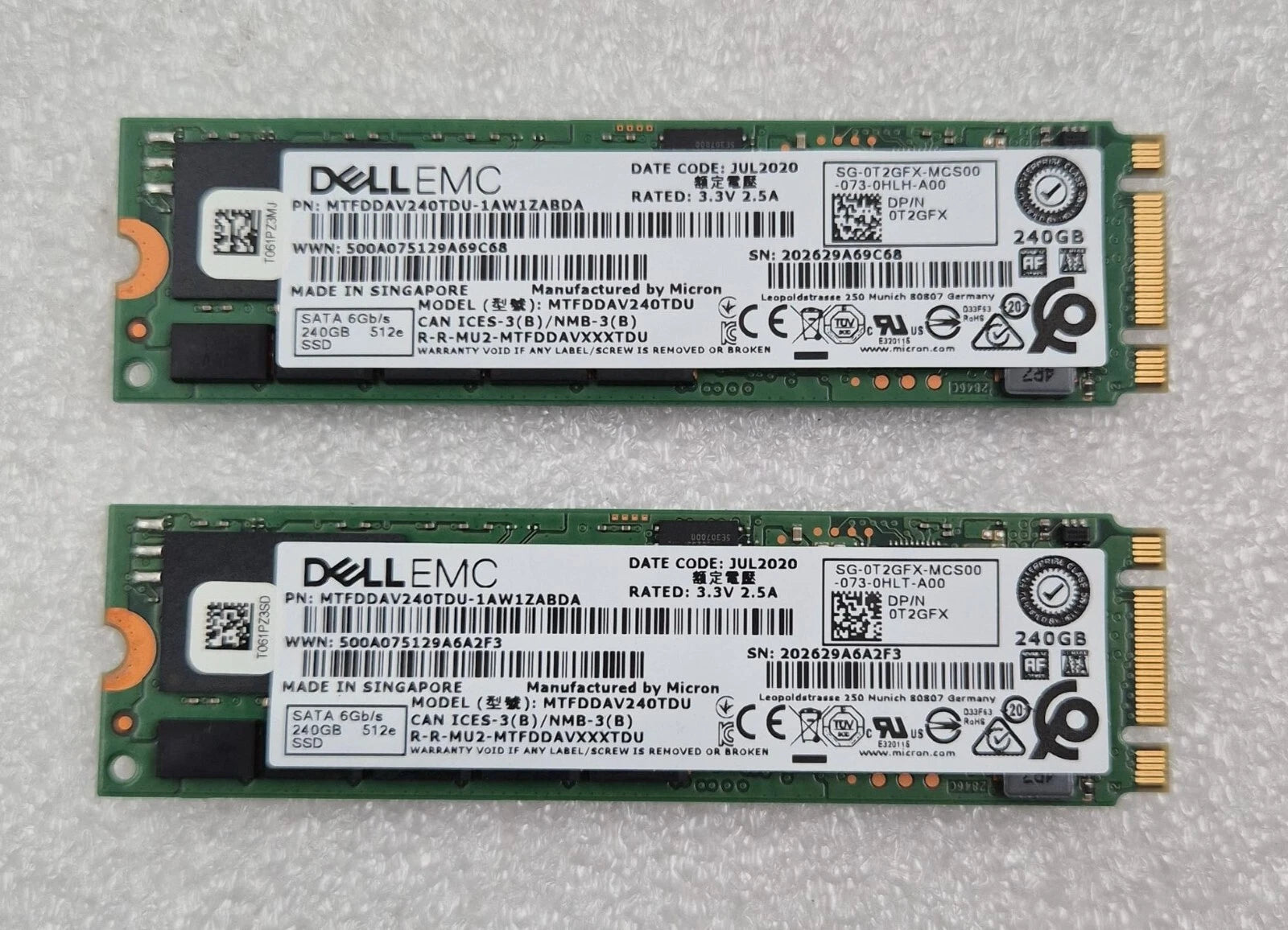 [LOT 2 PCS] Dell EMC MTFDDAV240TDU-1AW1ZABDA SATA 6Gb/s 240GB 512e SSD 0T2GFX