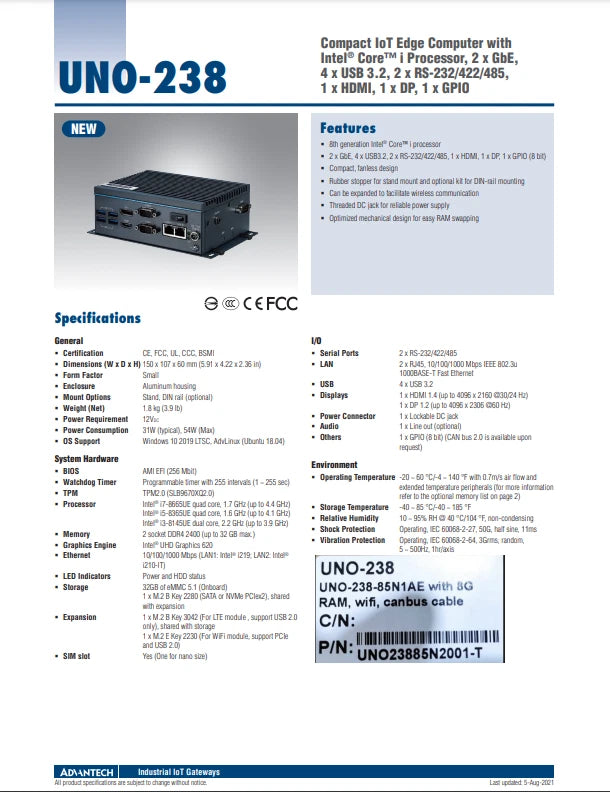 *NEW* Advantech UNO-238-85N1AE Compact IoT Edge Embedded Computer 8G RAM UNO-238