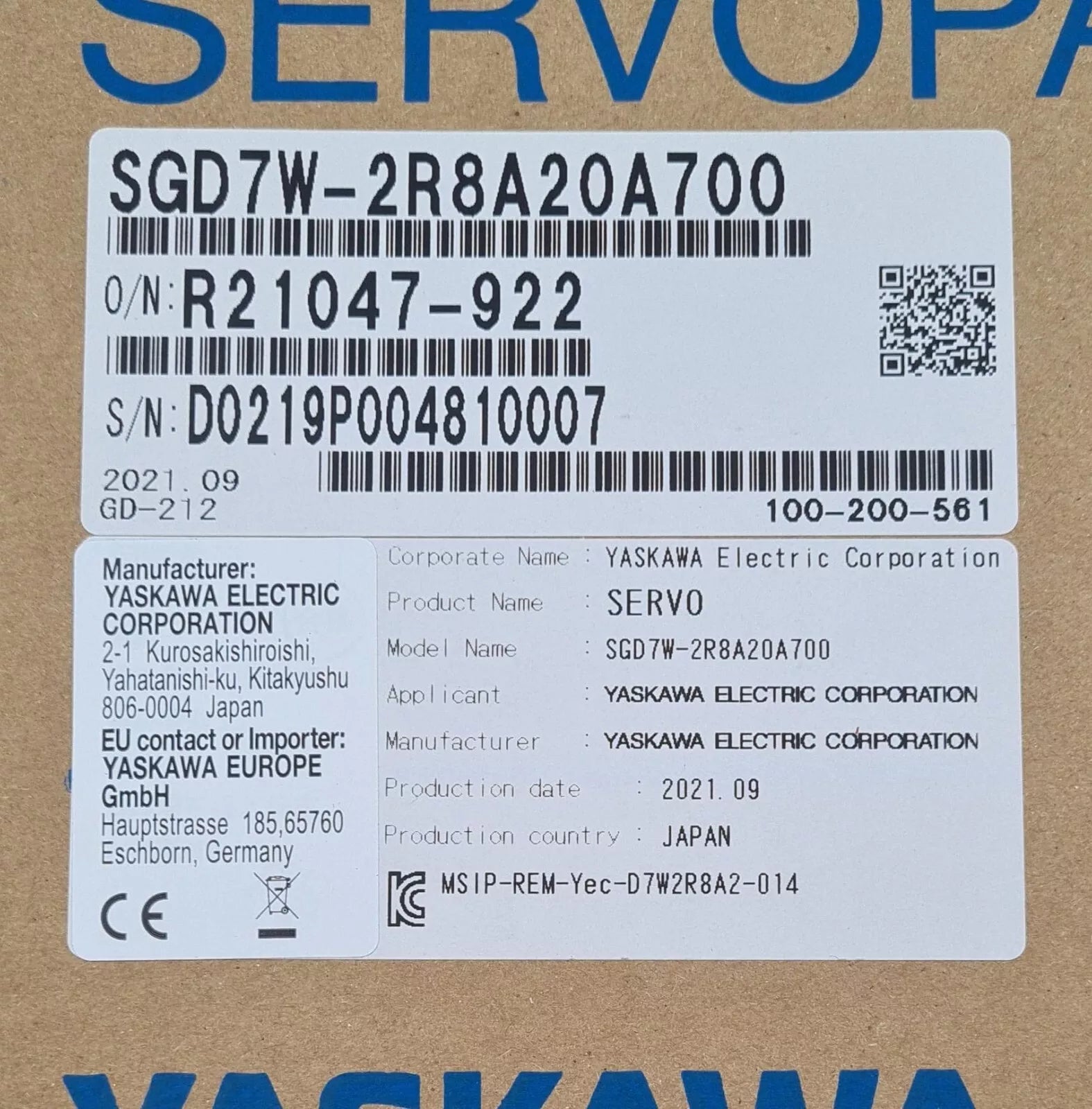 NEW - YASKAWA SERVOPACK SERVO SGD7W-2R8A20A 700 Servo Driver 200V