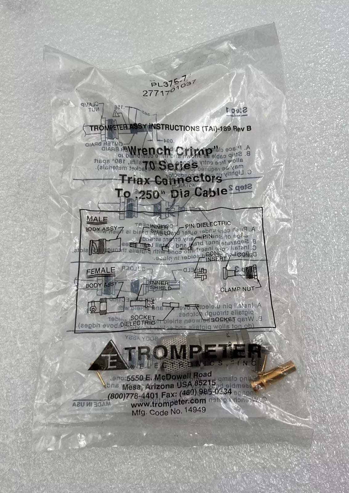 [LOT 7 PCS] Trompeter 70 Series Wrench Crimp PL375-7 Triax Connectors