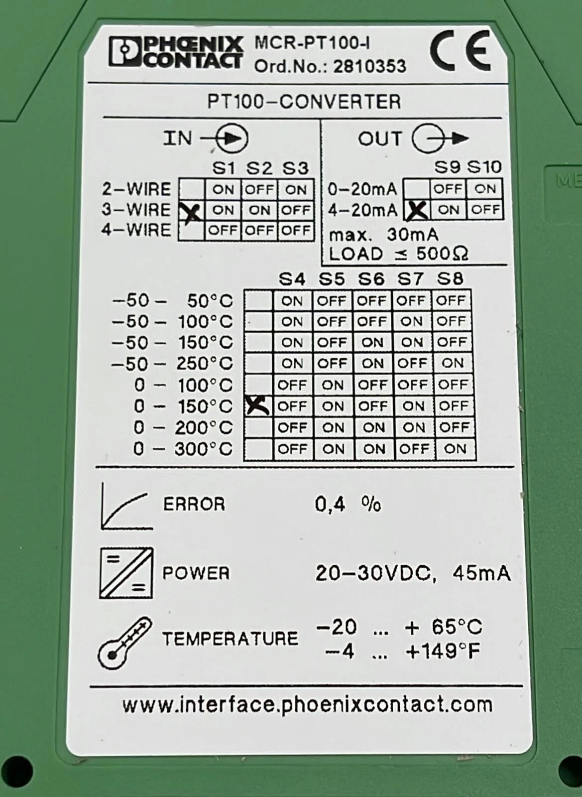 PHOENIX CONTACT MCR-PT100-I Converter PLC 2810353