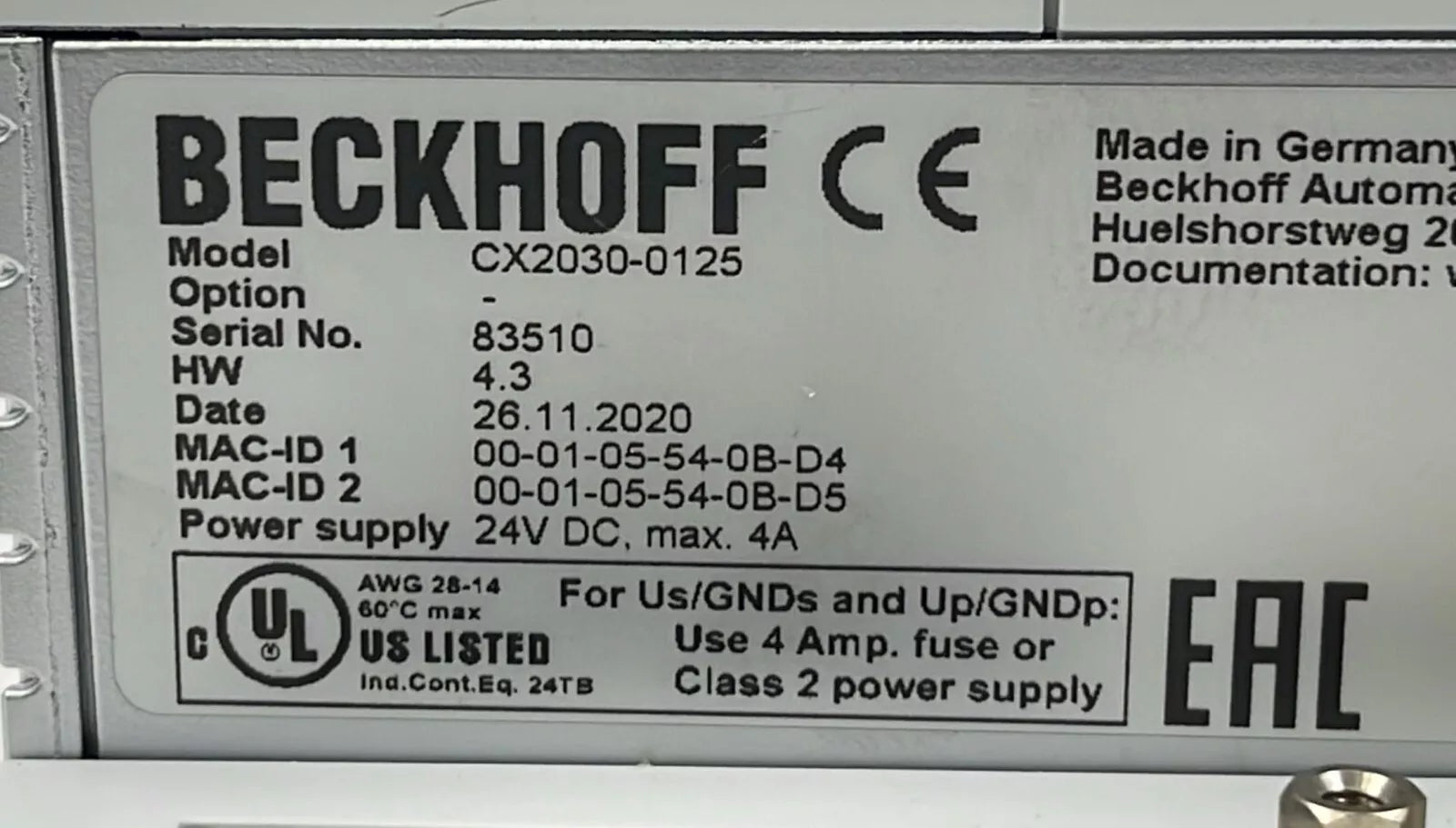 BECKHOFF CX2030-0125 CPU Module Embedded PLC controller