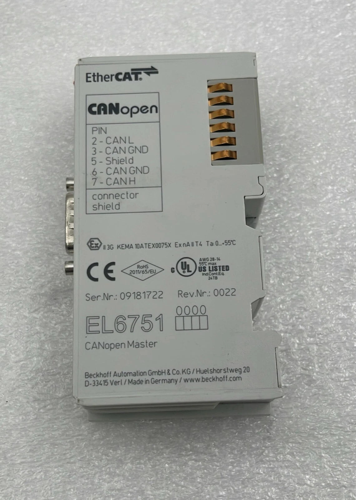 Beckhoff EL6751 model and specification label close-up