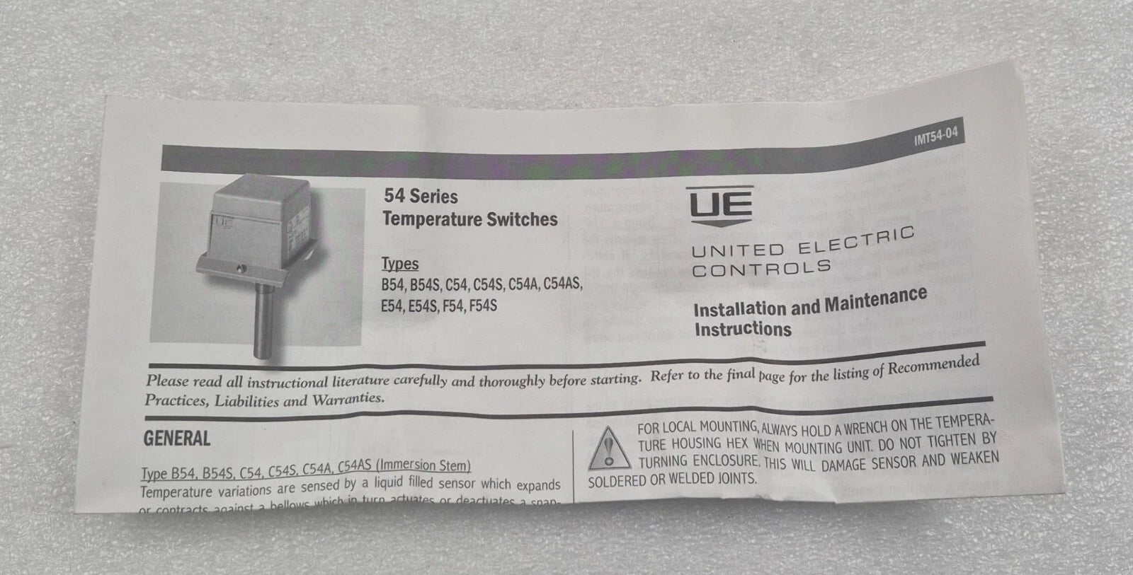 UNITED ELECTRIC CONTROLS C54-103 9135 TEMPERATURE CONTROLLING SWITCHES 54 SERIES