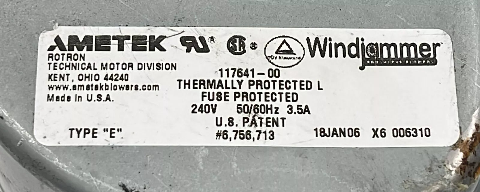 AMETEK Windjammer Brushless Blower 117641-00 Thermally Protected