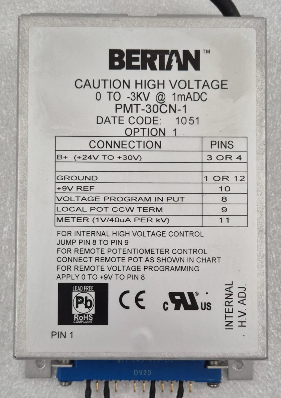 Spellman BERTAN PMT-30CN-1 0-3KV HIGH VOLTAGE POWER SUPPLY DEL HVPS MOD 3KV