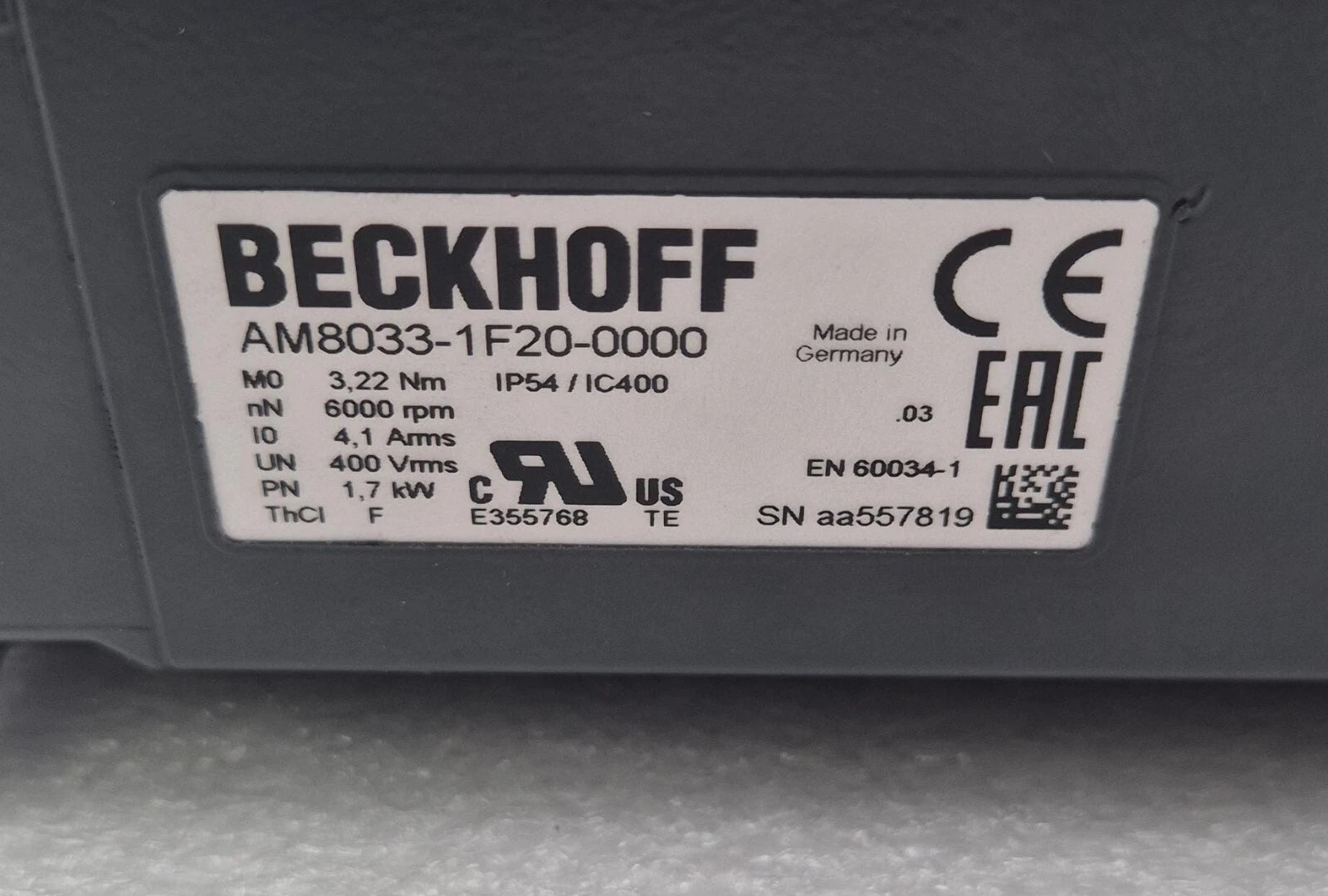 BECKHOFF AM8033-1F20-0000 Servo Motor 6000rpm 1.7kW 24VDC