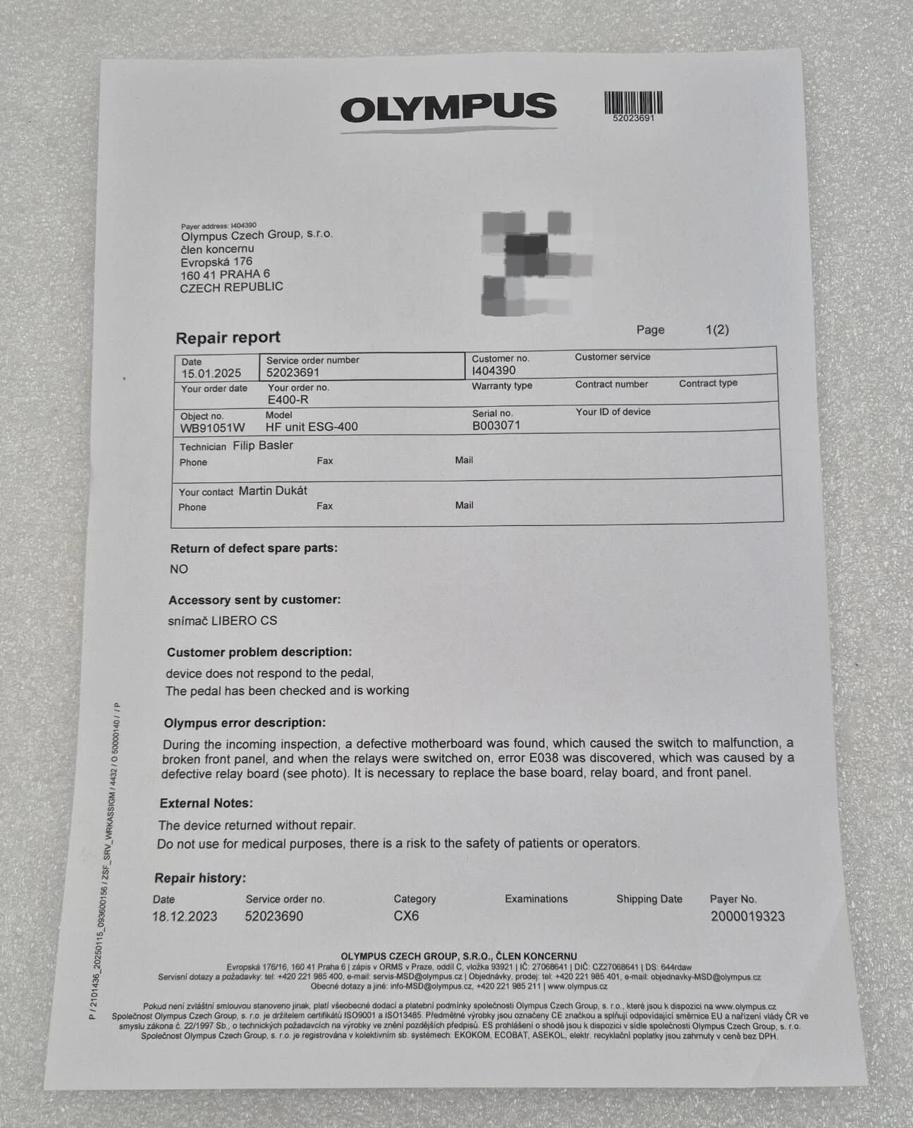 OLYMPUS PK TECHNOLOGY ESG-400 HF GENERATOR UNIT WB91051W **FOR PARTS**