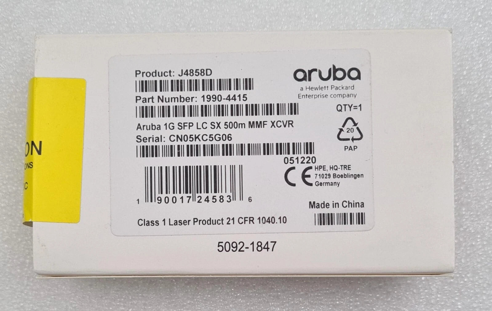 NEW SEALED - HPE Aruba J4858D 1990-4415 1G SFP LC SX 500m MMF XCVR Transceiver