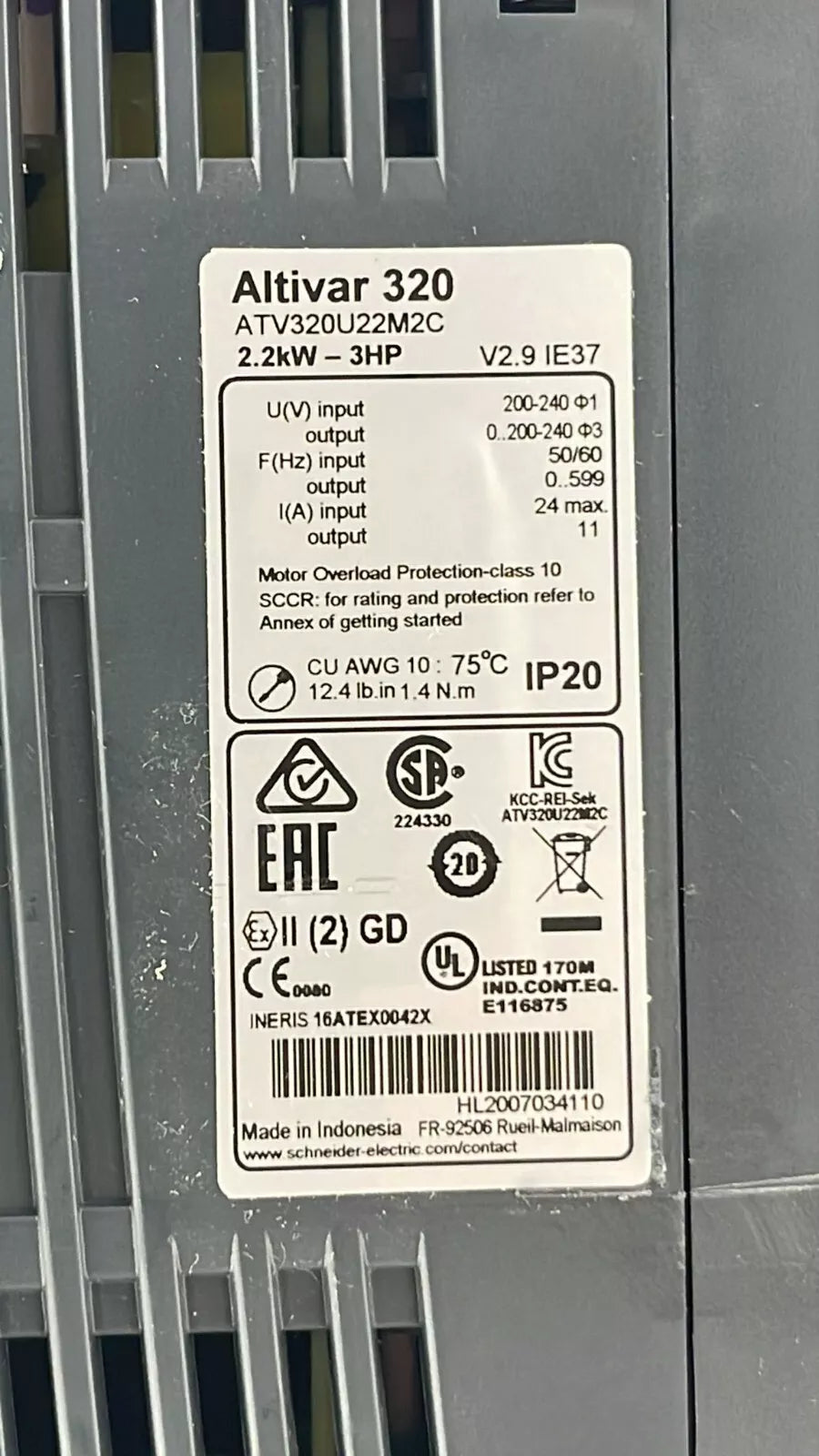 Schneider Electric Altivar 320 ATV320U22M2C AC Drive 2.2kW 3HP