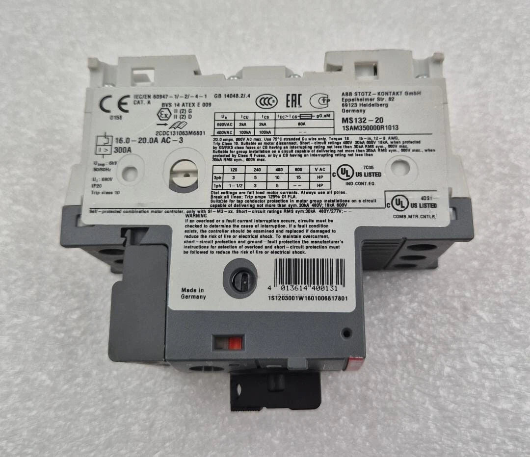 ABB MS132 motor protection switch rear label view