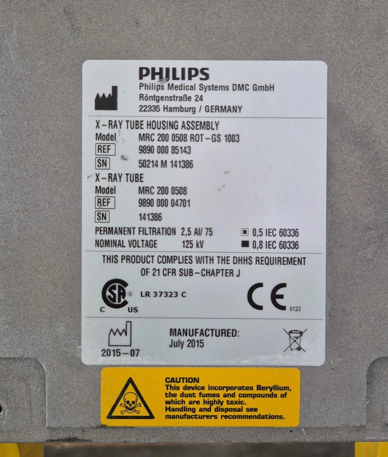 Philips TUBE HOUSING ASSEMBLY MRC 200 0508 ROT-GS 1003 / 9890-000-85143 *AS-IS*