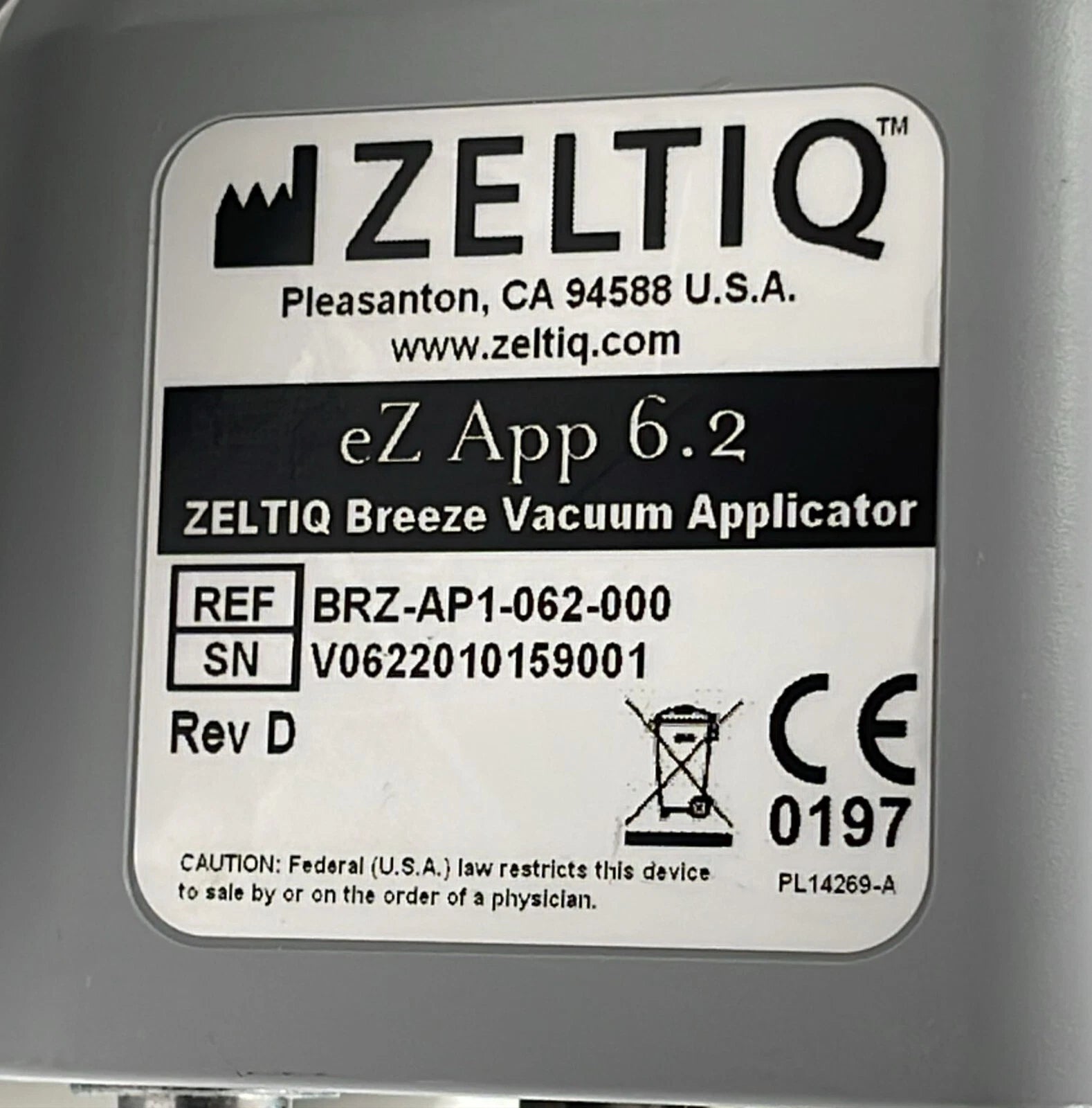 Zeltiq CoolSculpting eZ App 6.2 Breeze Applicator Handpiece BRZ-AP1-062-0