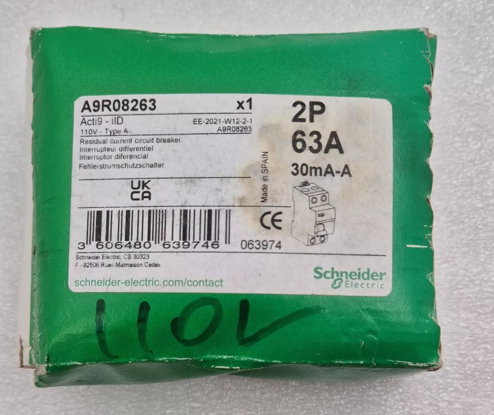 NEW - Schneider Electric Acti 9 iID A9R08263 Circuit Breaker 2P 63A 30mA-A 110V