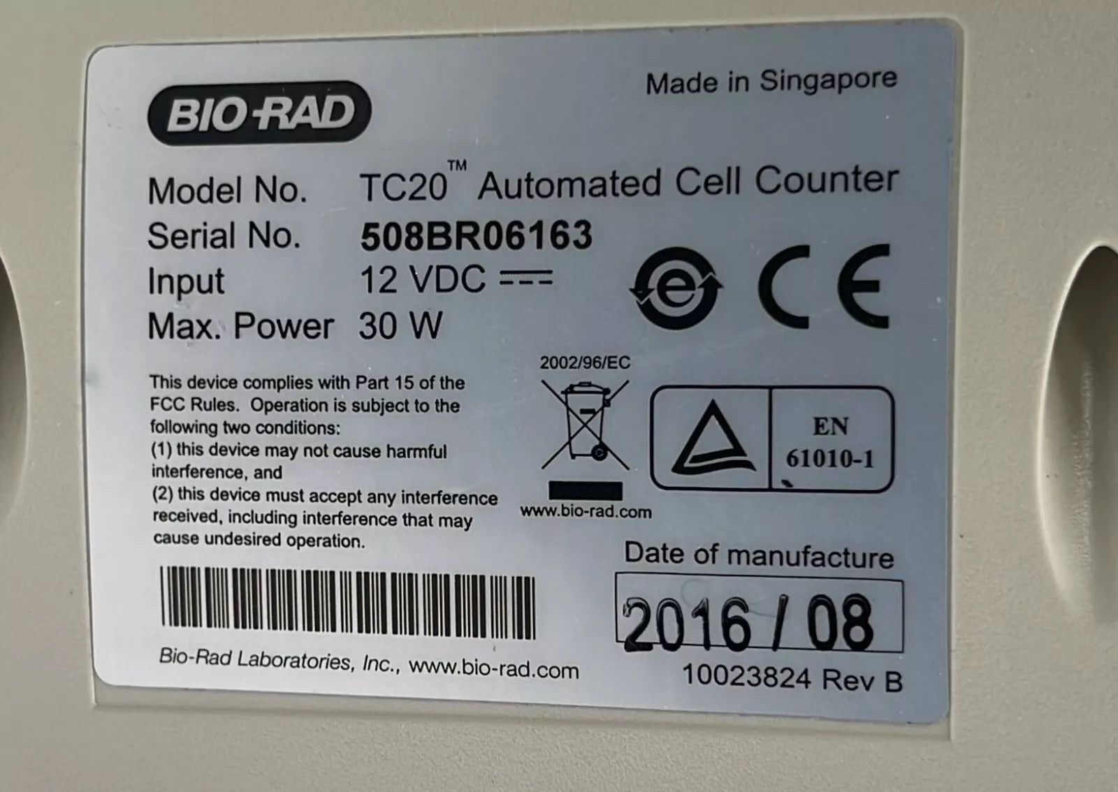 Bio-Rad TC20 Automated Cell Counter **AS IS