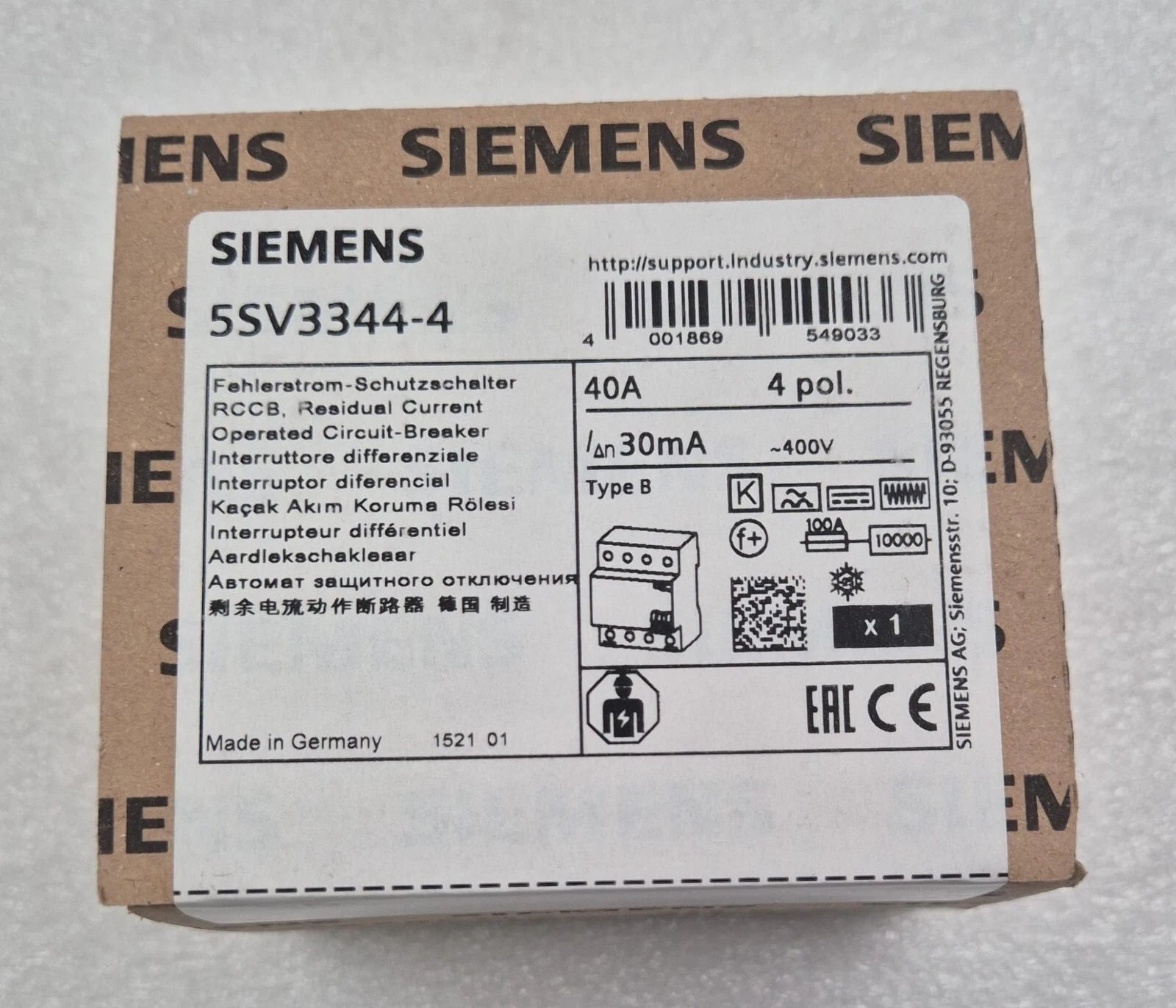 *NEW SEALED* SIEMENS 5SV3344-4 Operated Circuit-Breaker 4 pol. 40A 30mA Type B