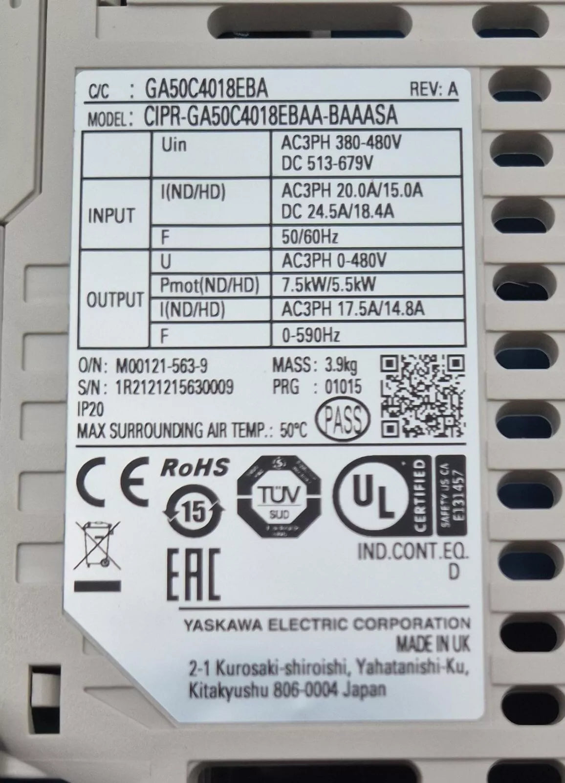 YASKAWA GA500 GA50C4018EBA CIPR-GA50C4018EBAA-BAAASA Frequency Inverter 400V