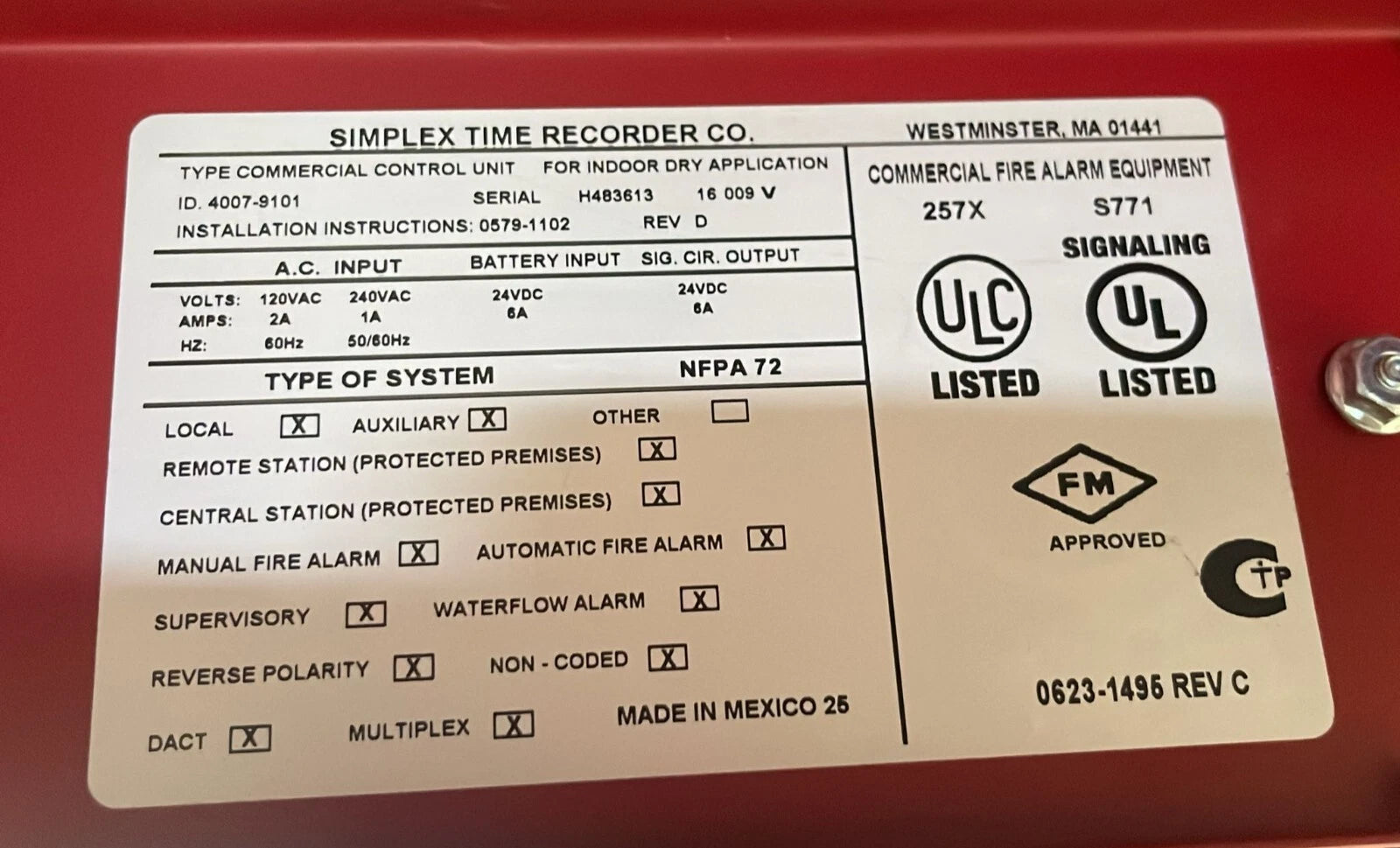 Simplex 4007es Fire Alarm Control Panel 4007-9101