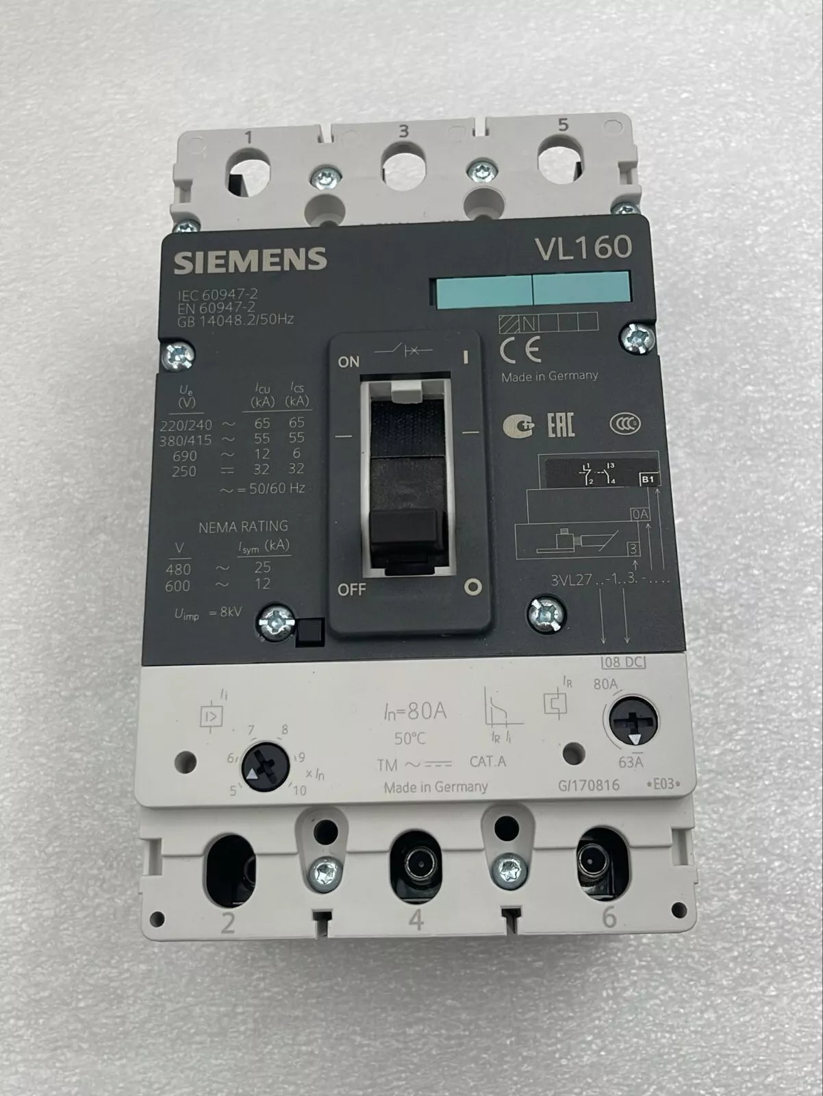 Siemens VL160 Circuit Breaker 3VL2716-1AA33-0AA0 Current Trigger 3VL9208-7DC30