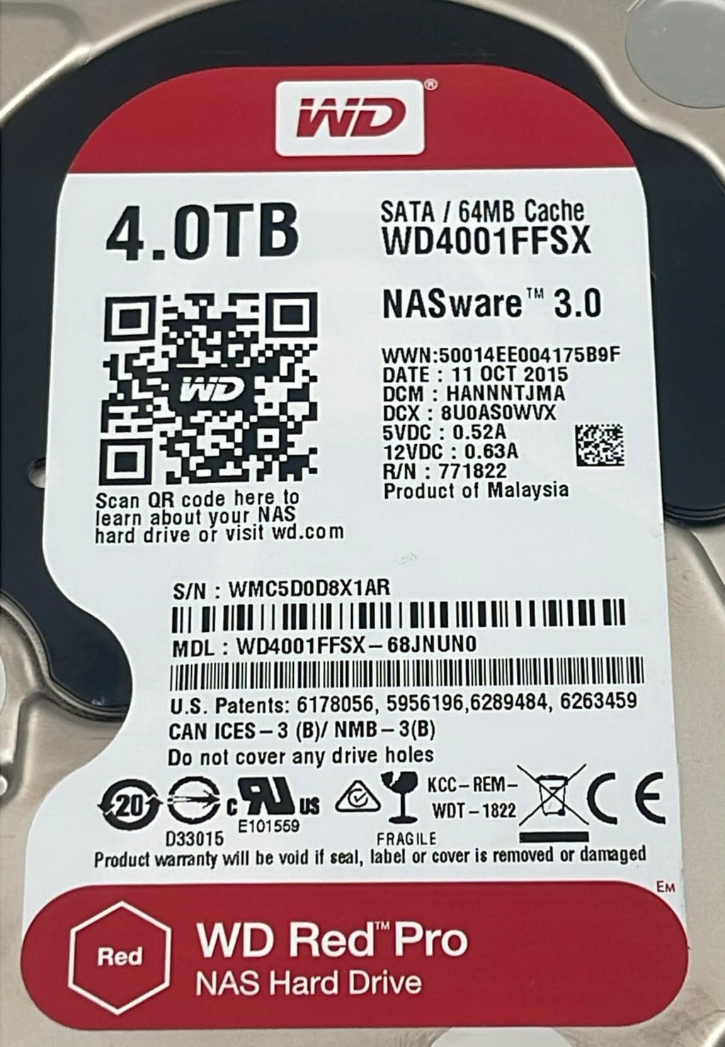Western Digital Red Pro WD4001FFSX-68JNUN0 NAS Hard Drive SATA 4TB