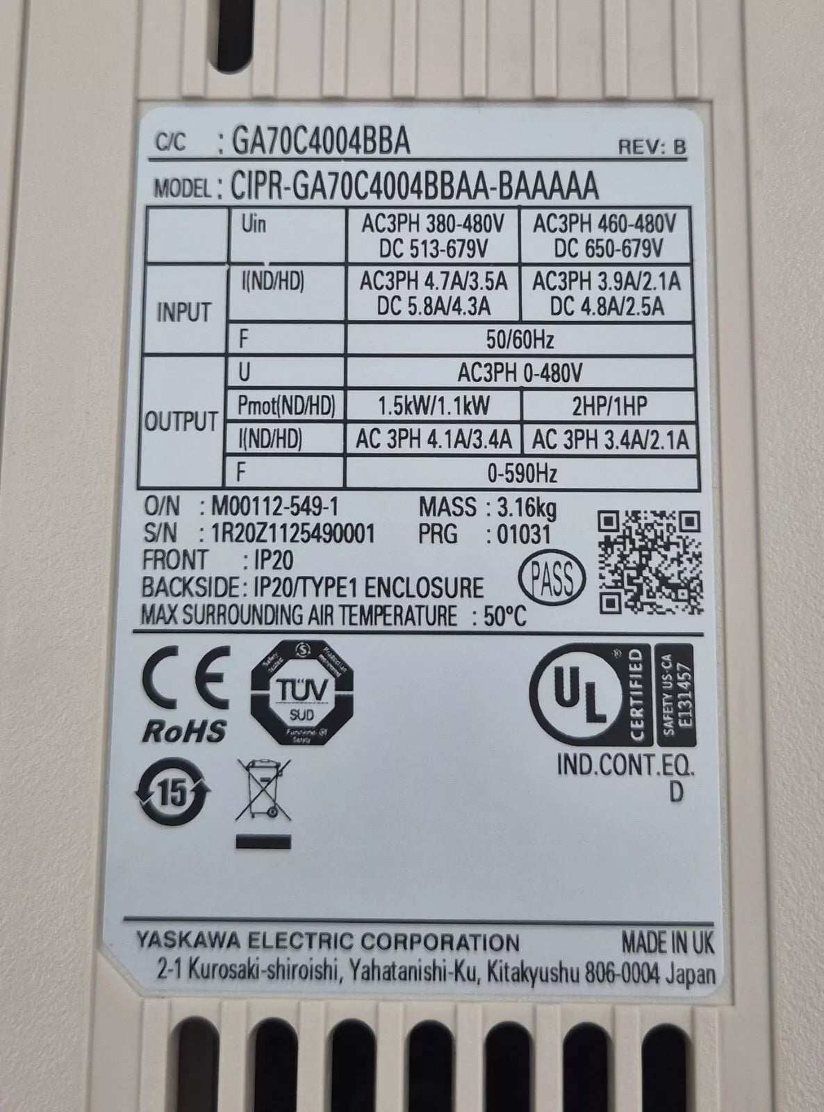 YASKAWA GA700 GA70C4004BBA CIPR-GA70C4004BBAA-BAAAAA Frequency Inverter 400V