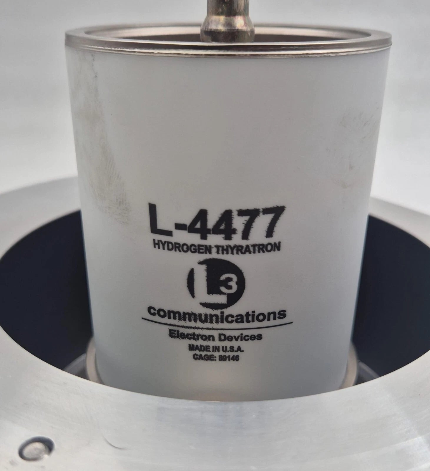 Electron Devices L3 L-4477 hydrogen thyratron tube front view