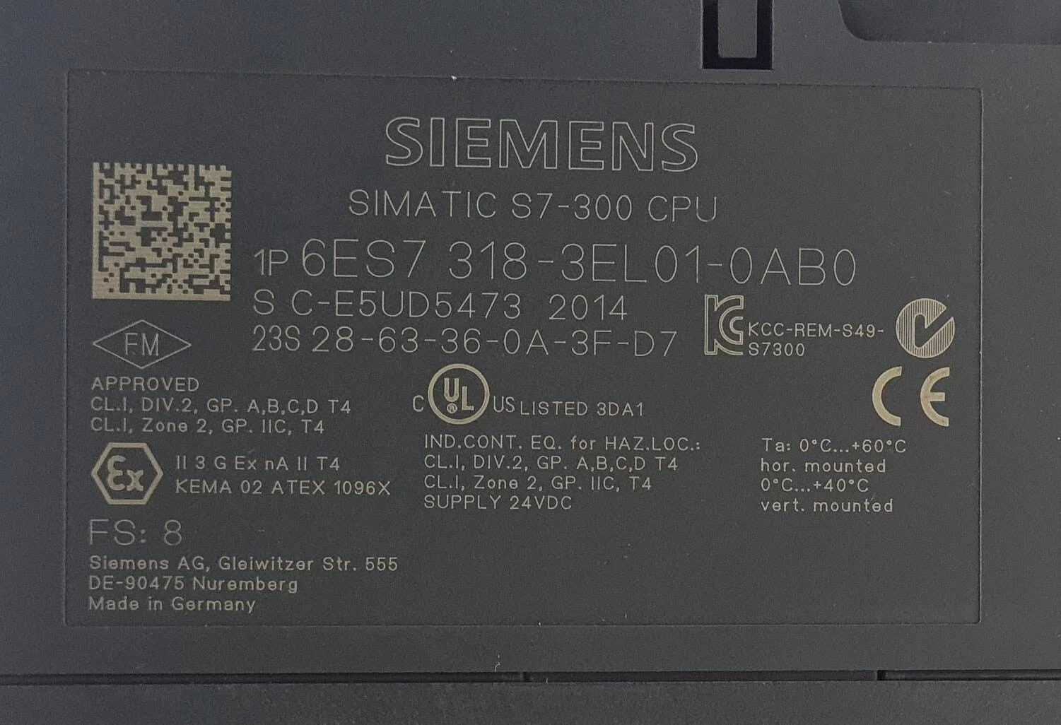 Siemens SIMATIC S7-300 CPU 6ES7 318-3EL01-0AB0 FS8 CPU319-3 PN/DP Unit