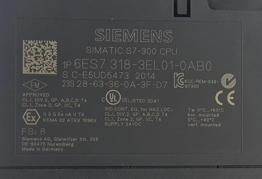 Siemens SIMATIC S7-300 CPU 6ES7 318-3EL01-0AB0 FS8 CPU319-3 PN/DP Unit