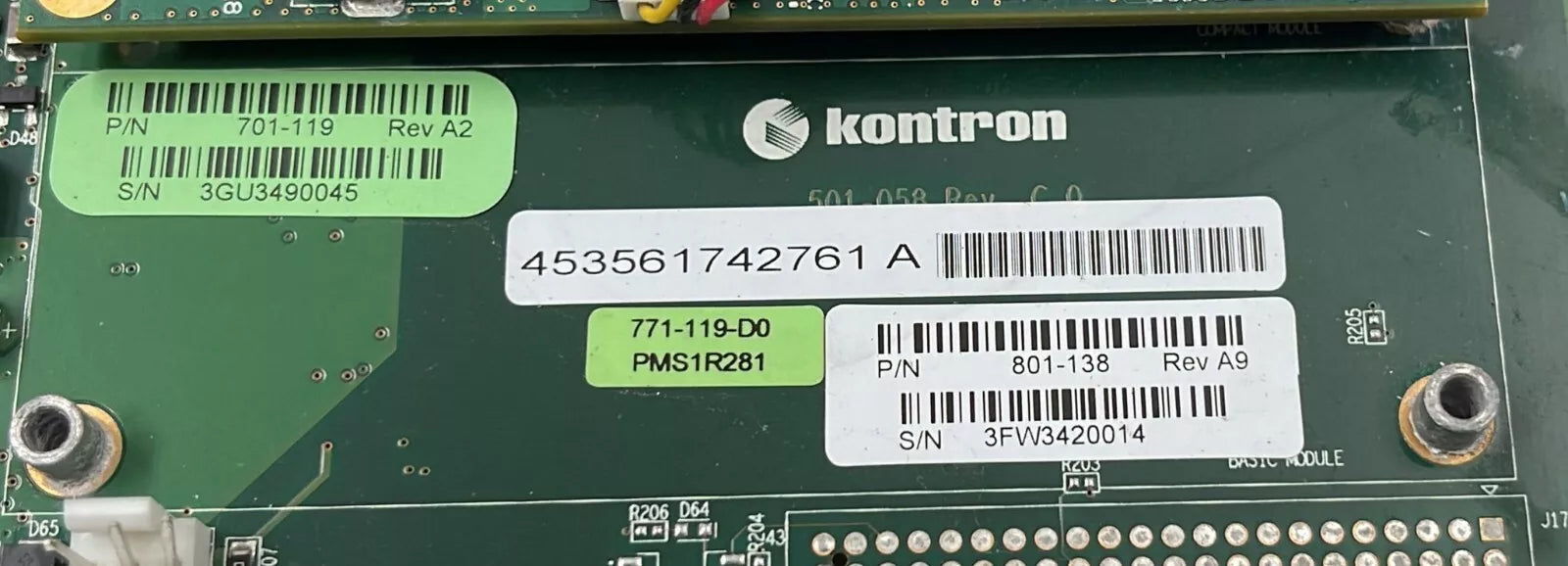 Kontron 801-138 771-119-D0 embedded industrial control board with heatsink and I/O ports