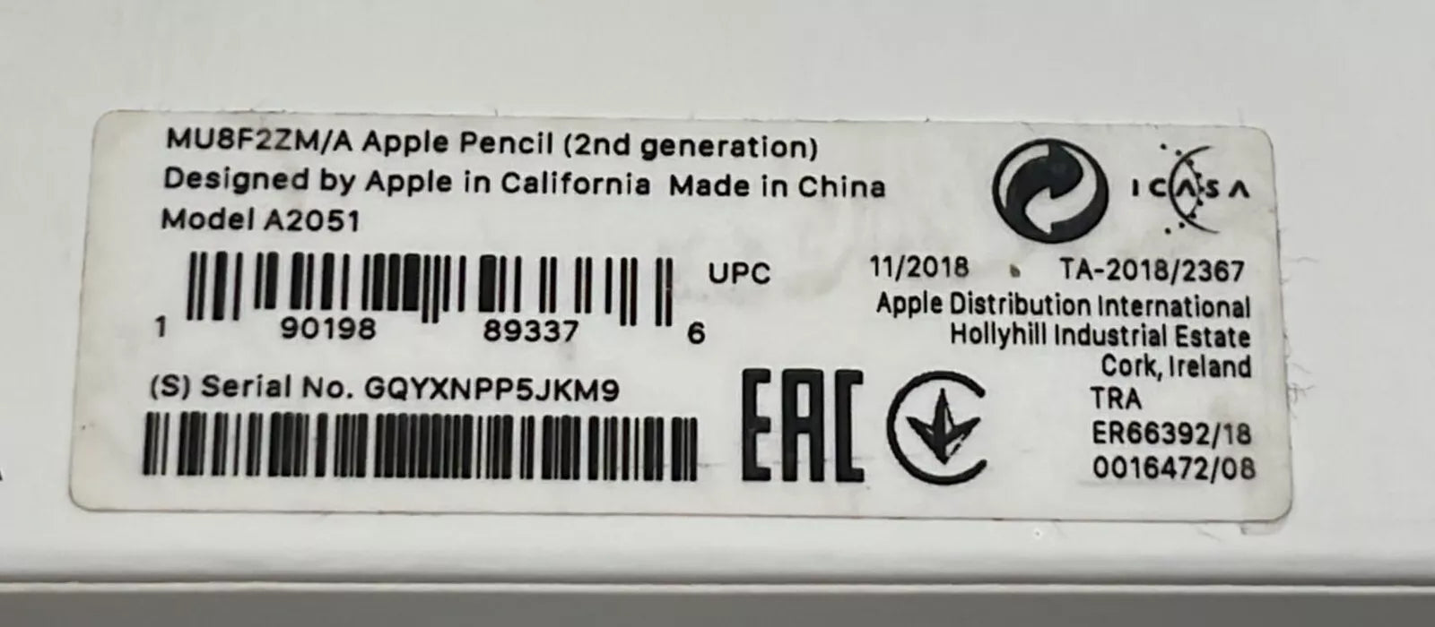 Apple Pencil 2nd Generation Stylus Model A2051 for iPad Pro & iPad ( MU8F2ZM/A )