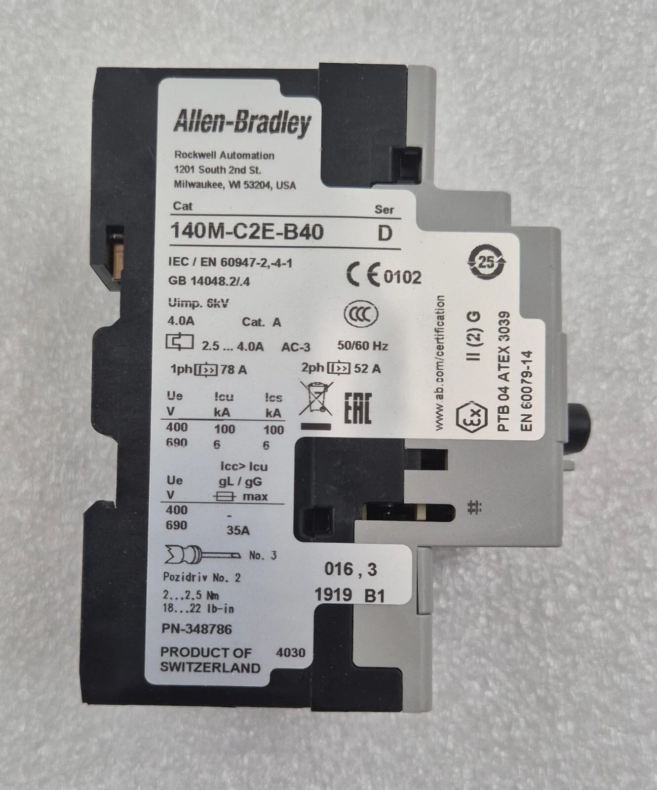 Allen Bradley 140M-C2E-B40 Motor Protector Circuit Breaker Overload 2.5-4.0 AMP