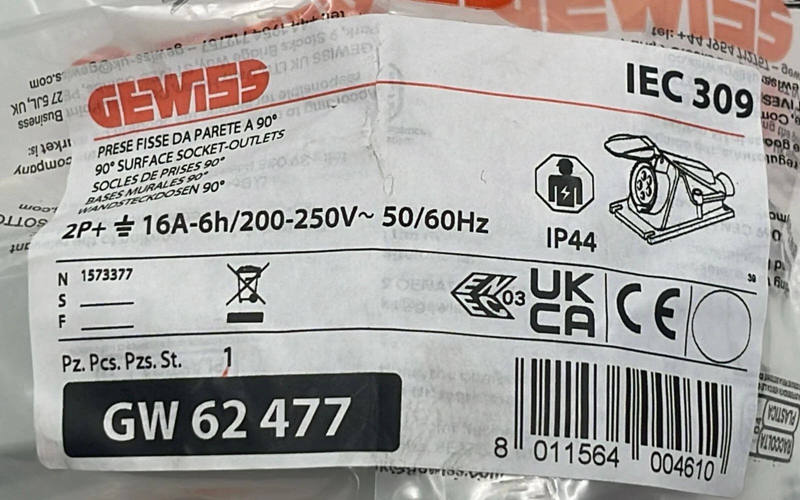 **NEW** GEWISS GW 62 477 Mounting Socket Outline IP44 - 2P+E 16A 200-250V