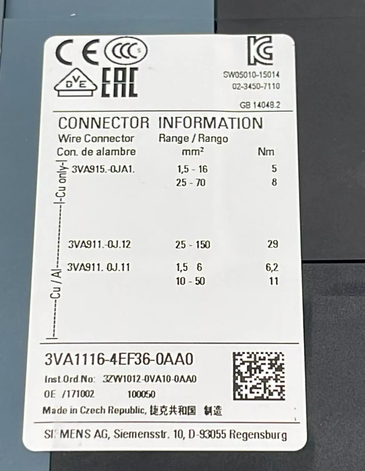 *NEW* Siemens 3VA1116-4EF36-0AA0 Molded Case Circuit Breaker FRAME 160 S