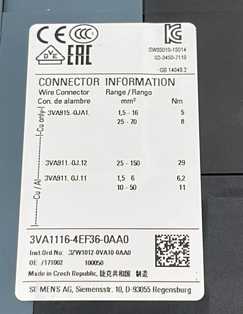 *NEW* Siemens 3VA1116-4EF36-0AA0 Molded Case Circuit Breaker FRAME 160 S
