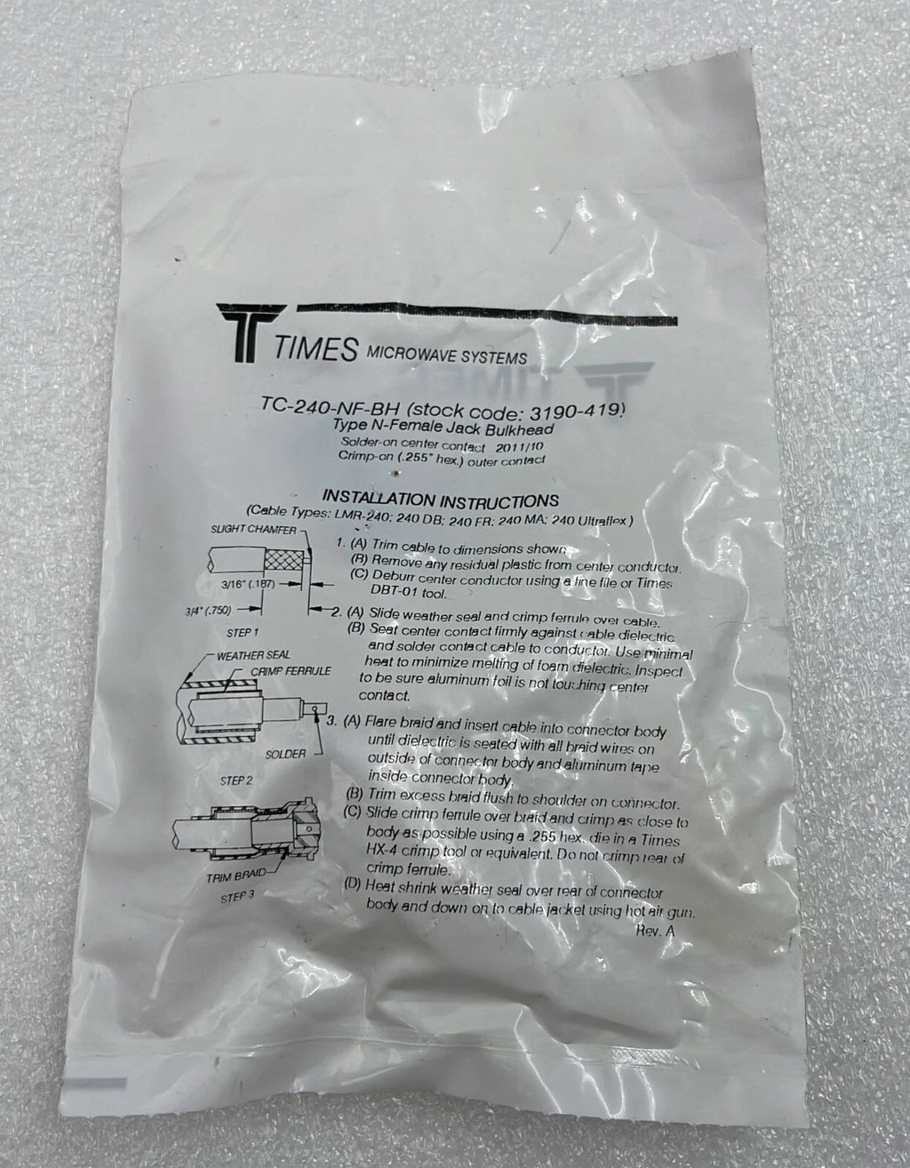 [LOT 9] Times Microwave TC-240-NF-BH Coaxial Connector N-Female Jack Bulkhead