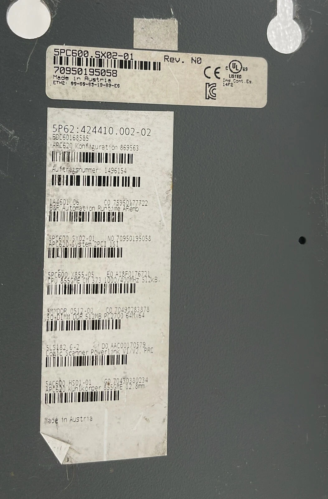 B&R Automation PC 5PC600.SX02-01 5P62 424410.002-02 Industrial Computer