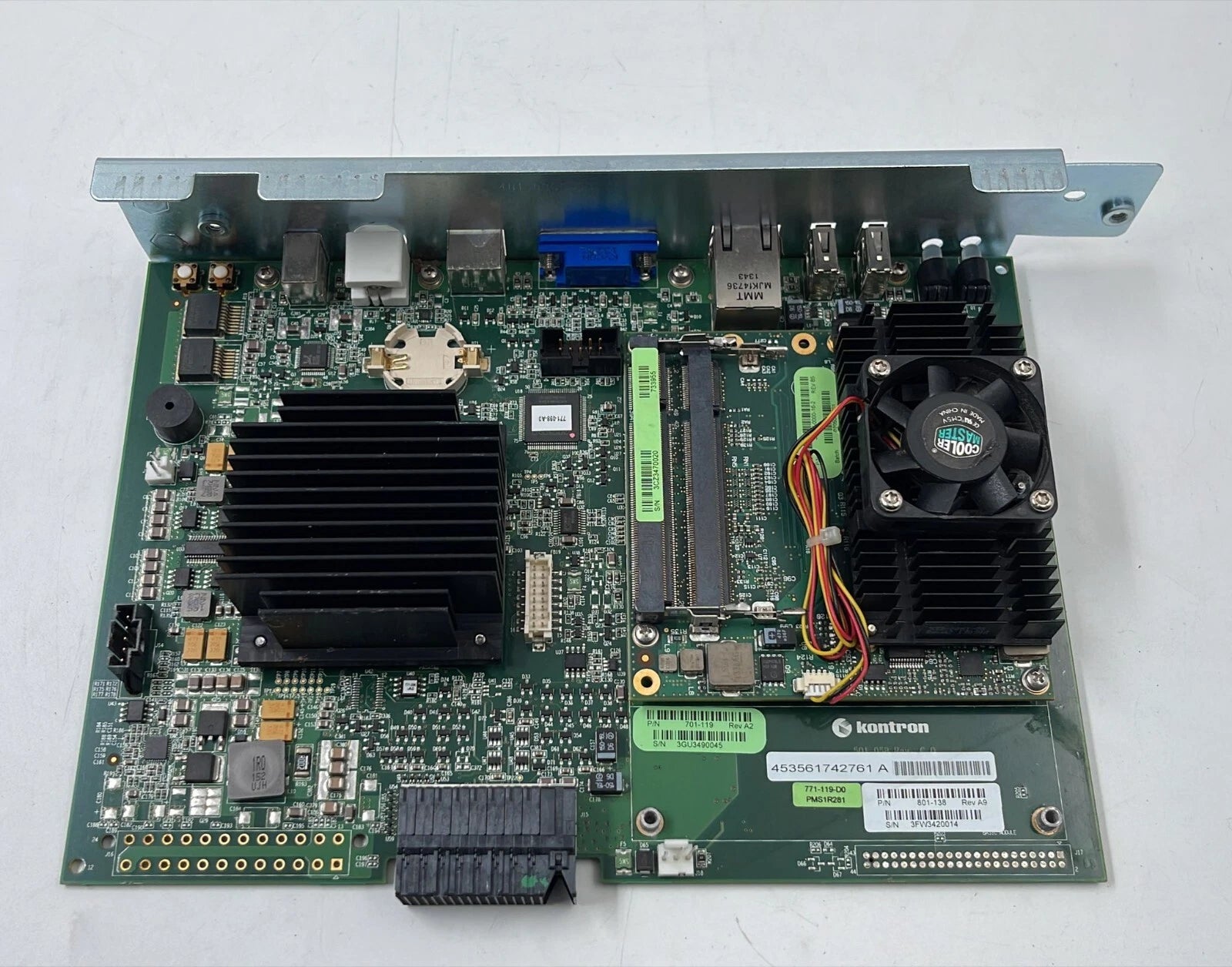 Kontron 801-138 771-119-D0 embedded industrial control board with heatsink and I/O ports