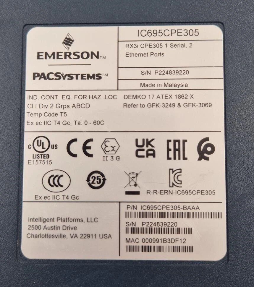 EMERSON IC695CPE305-BAAA RX3i CPE305 Controller Drive 1-Serial 2-Ethernet Ports