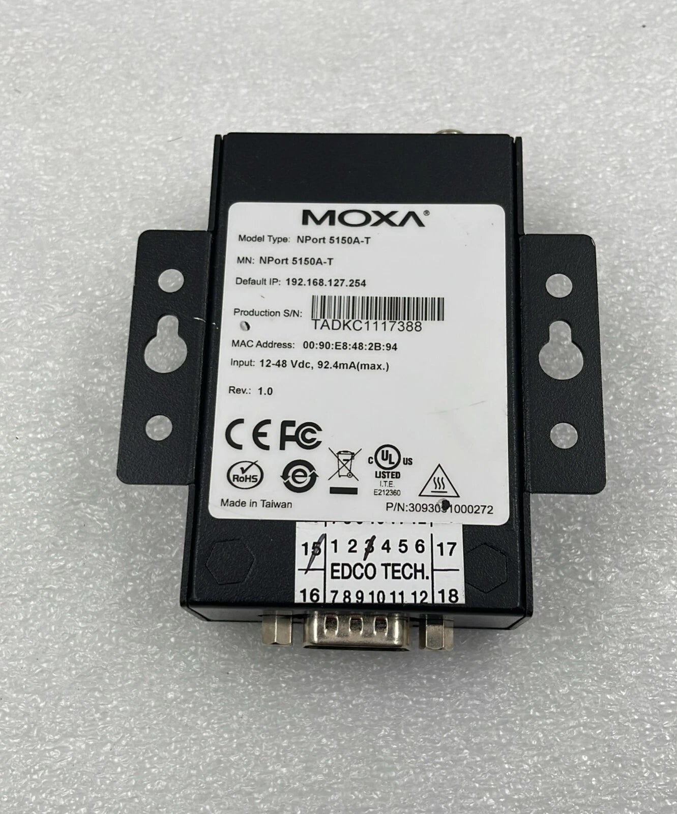 MOXA NPort 5150A-T rear label and compliance markings