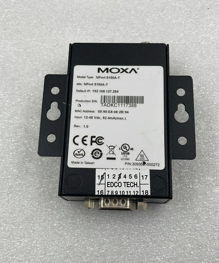MOXA NPort 5150A-T rear label and compliance markings