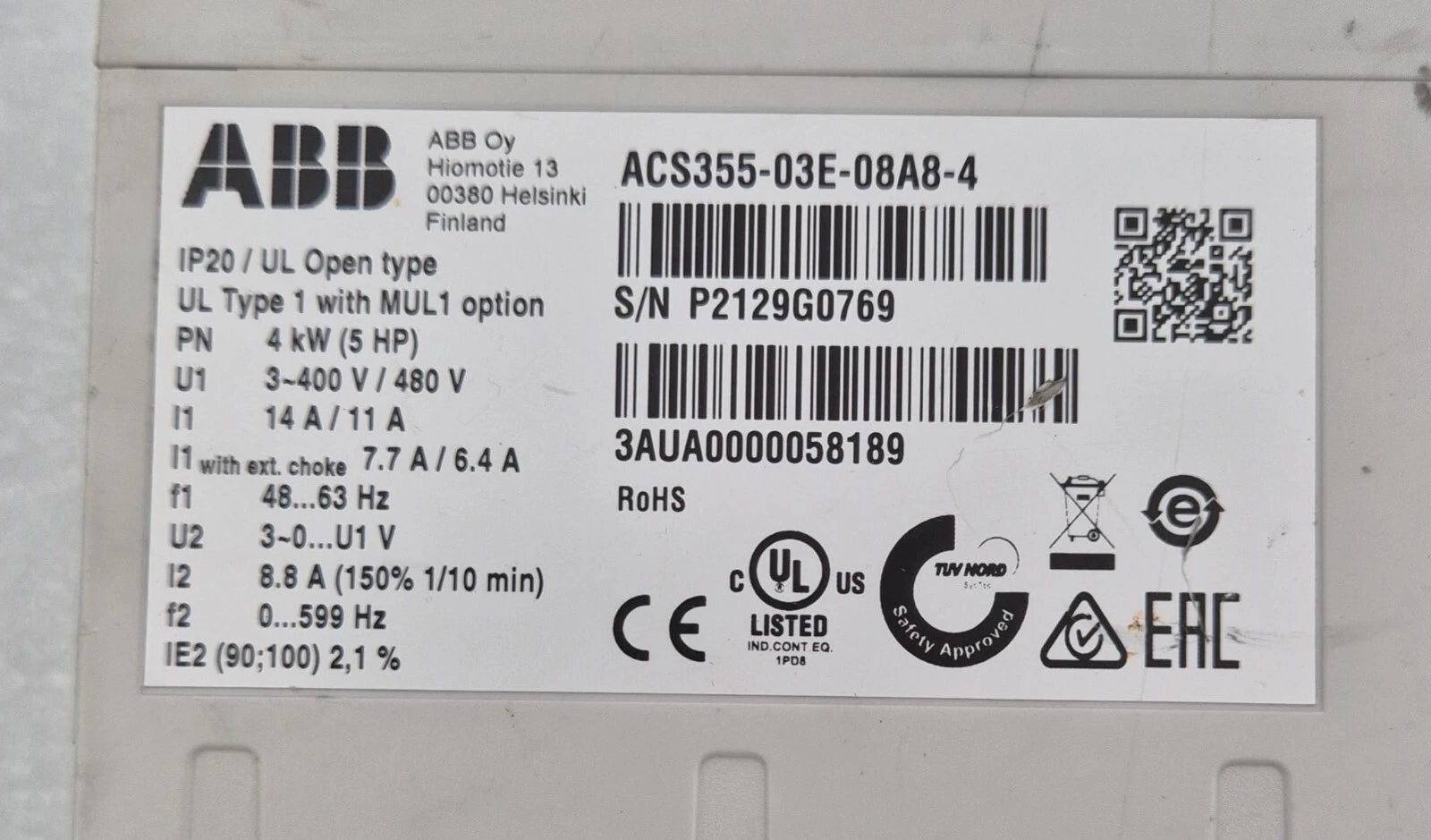 ABB ACS355-03E-08A8-4 Inverter Drive IP20 UL Open Type 4KW 5HP 480V **AS-IS**