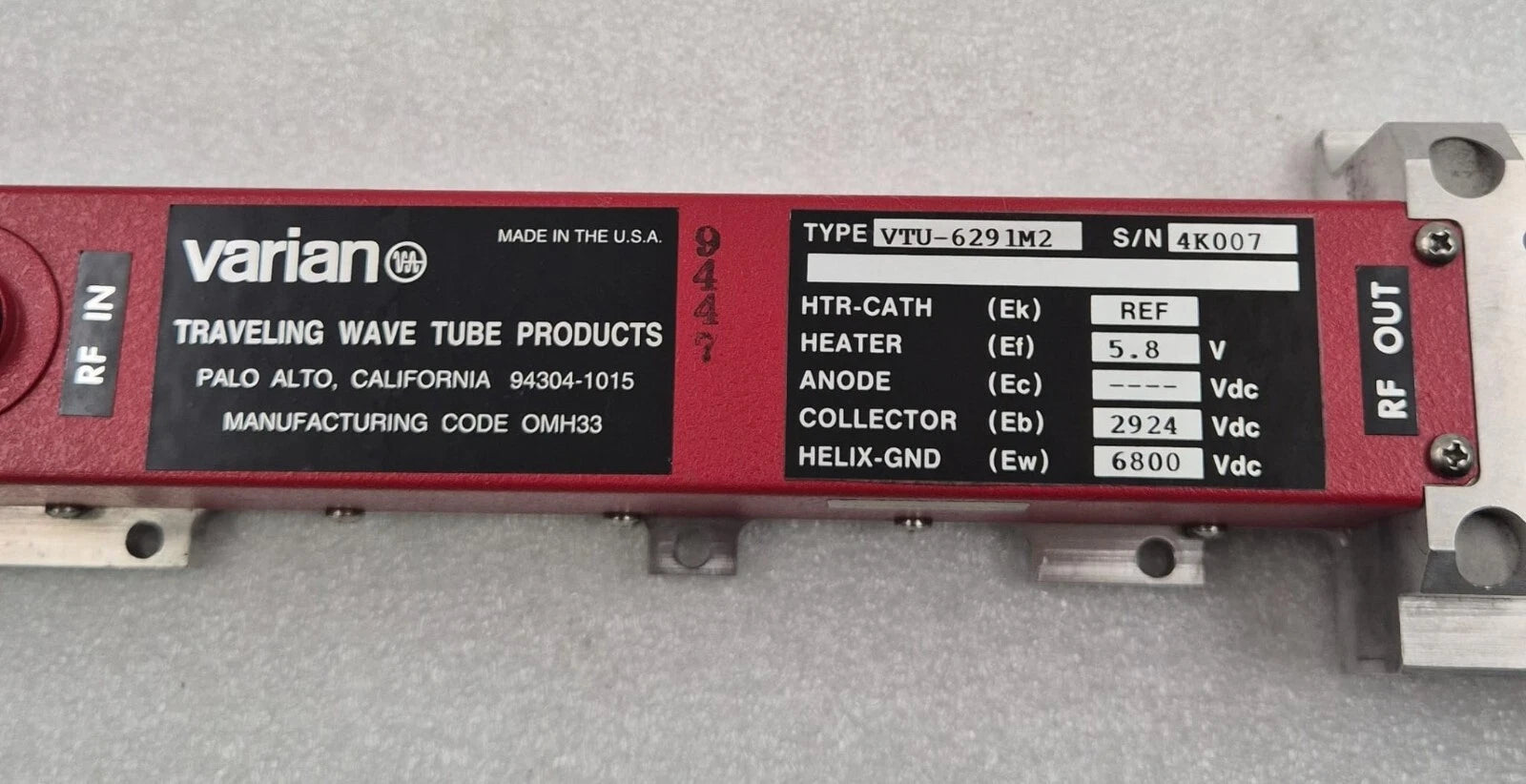 Varian Traveling Wave Tube Products RF Amplifier VTU-6291M2