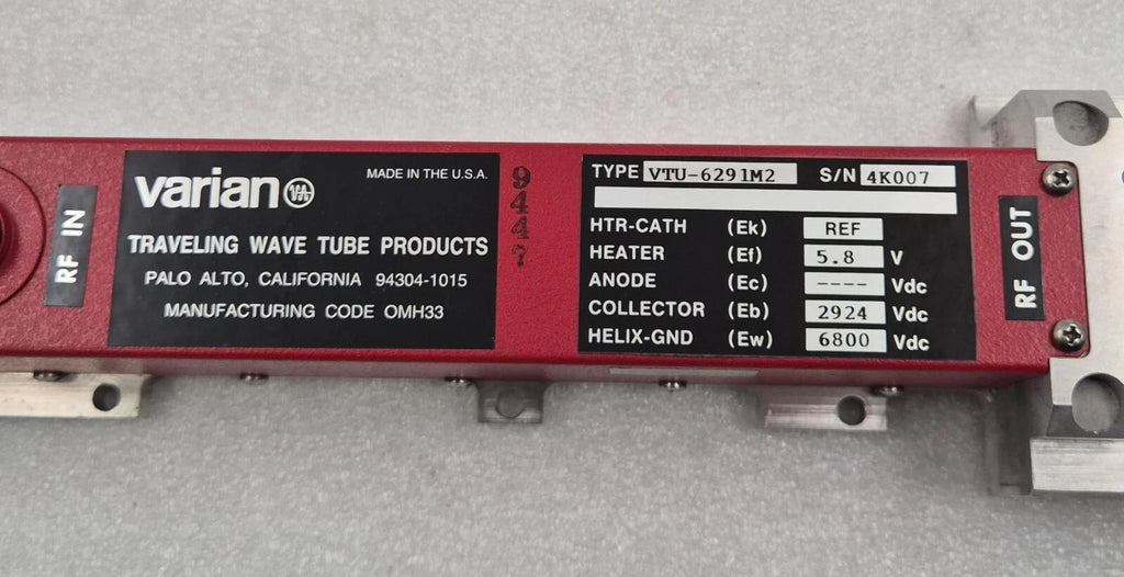 Varian Traveling Wave Tube Products RF Amplifier VTU-6291M2