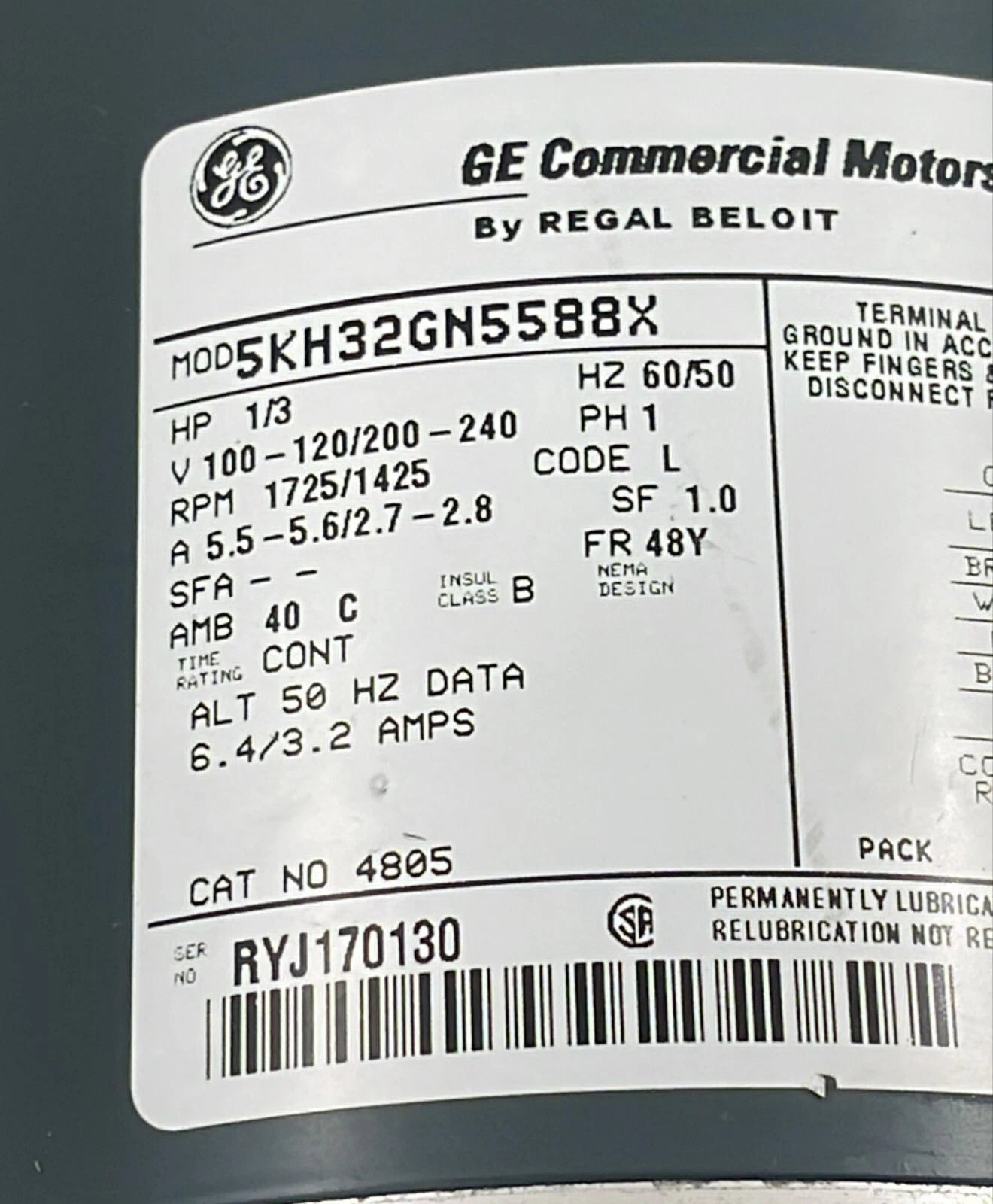 GE Commercial Motor 5KH32GN5588X 1/3-HP 1-PH 60/50-HZ 1725-RPM AC Motor