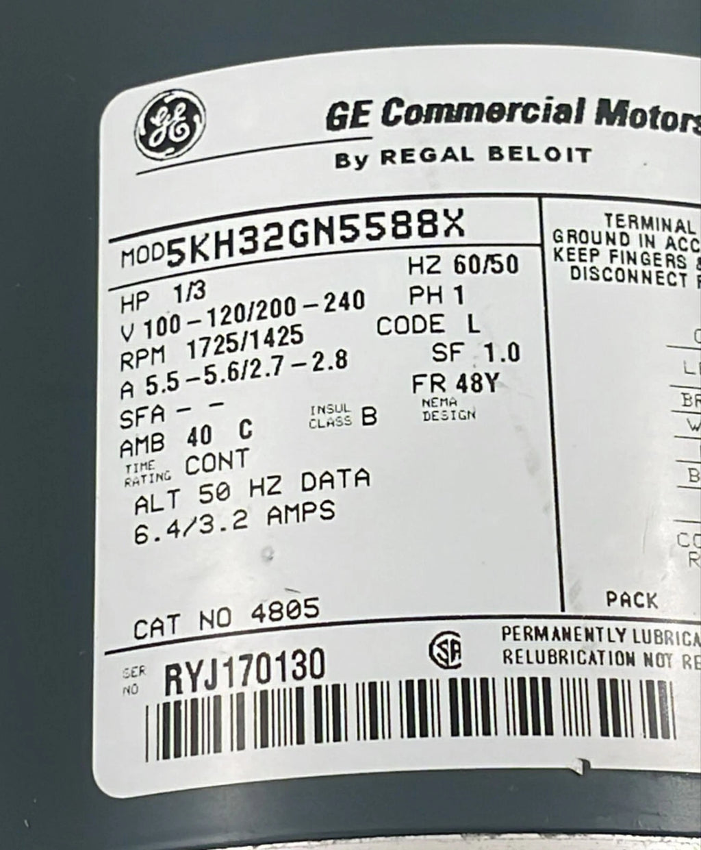 GE Commercial Motor 5KH32GN5588X 1/3-HP 1-PH 60/50-HZ 1725-RPM AC Motor