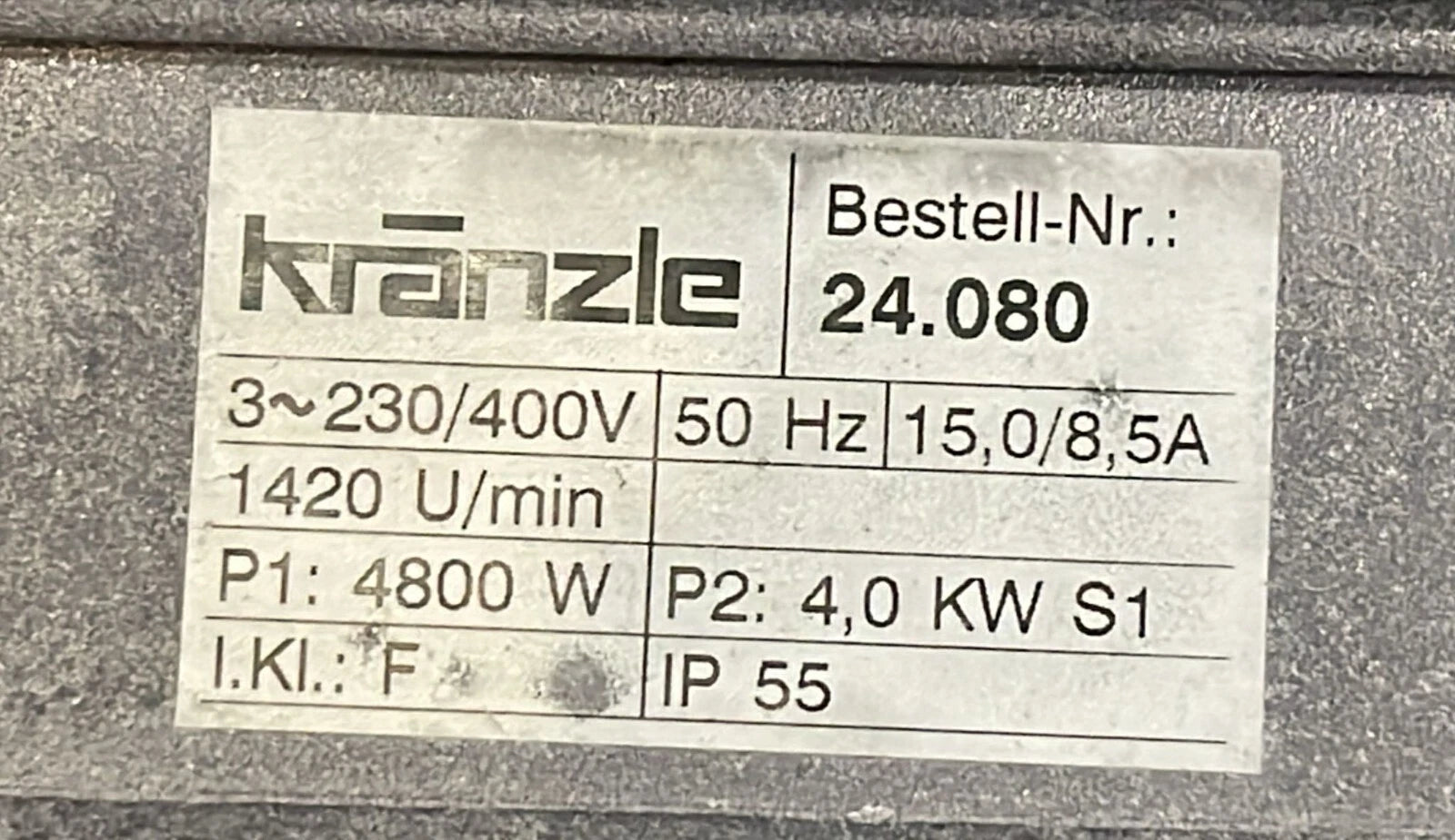 Kranzle 24.080 Industrial High-Pressure Pump Motor 4.0KW 3-Phase 230/400V 50Hz