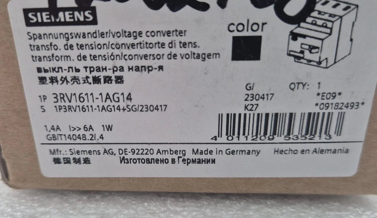 NEW - Siemens SIRIUS 3RV1611-1AG14 E09 Voltage Converter Circuit Breaker