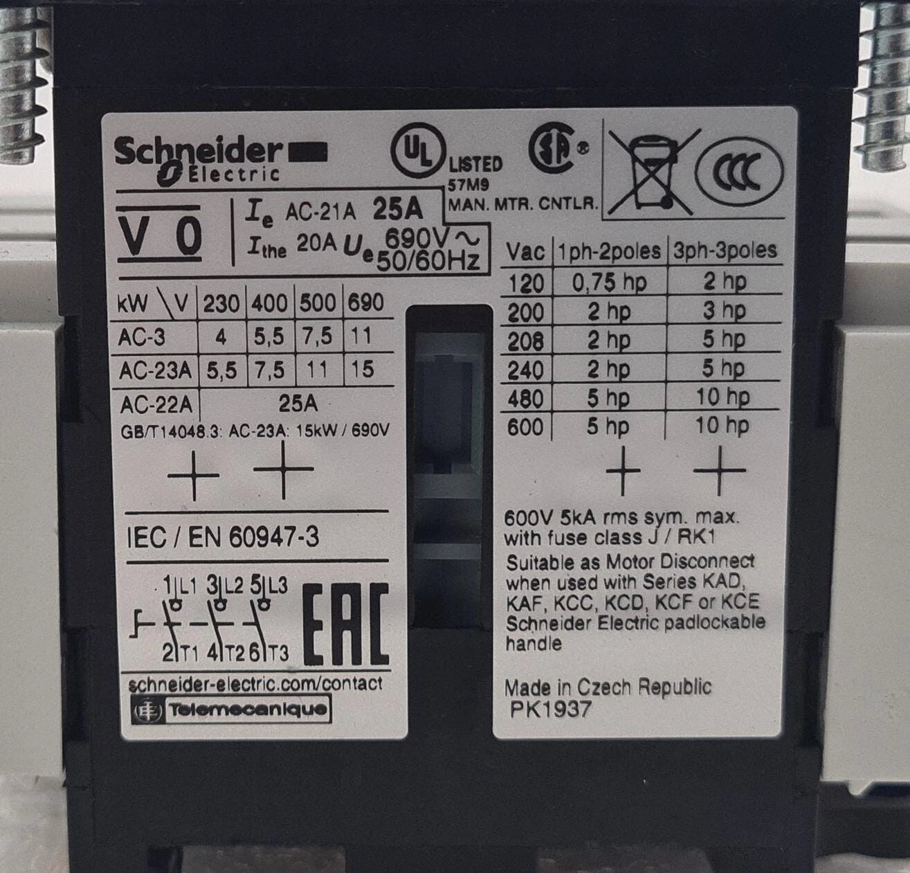 Schneider Electric V0 IEC / EN 60947-3 Main Emergency On Off Switch 25A