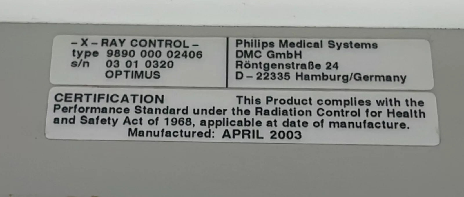 Philips Optimus 9890 000 02406 Machine Generator Control